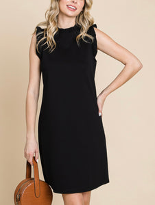 BLACK RUFFLE NECK SHIFT DRESS