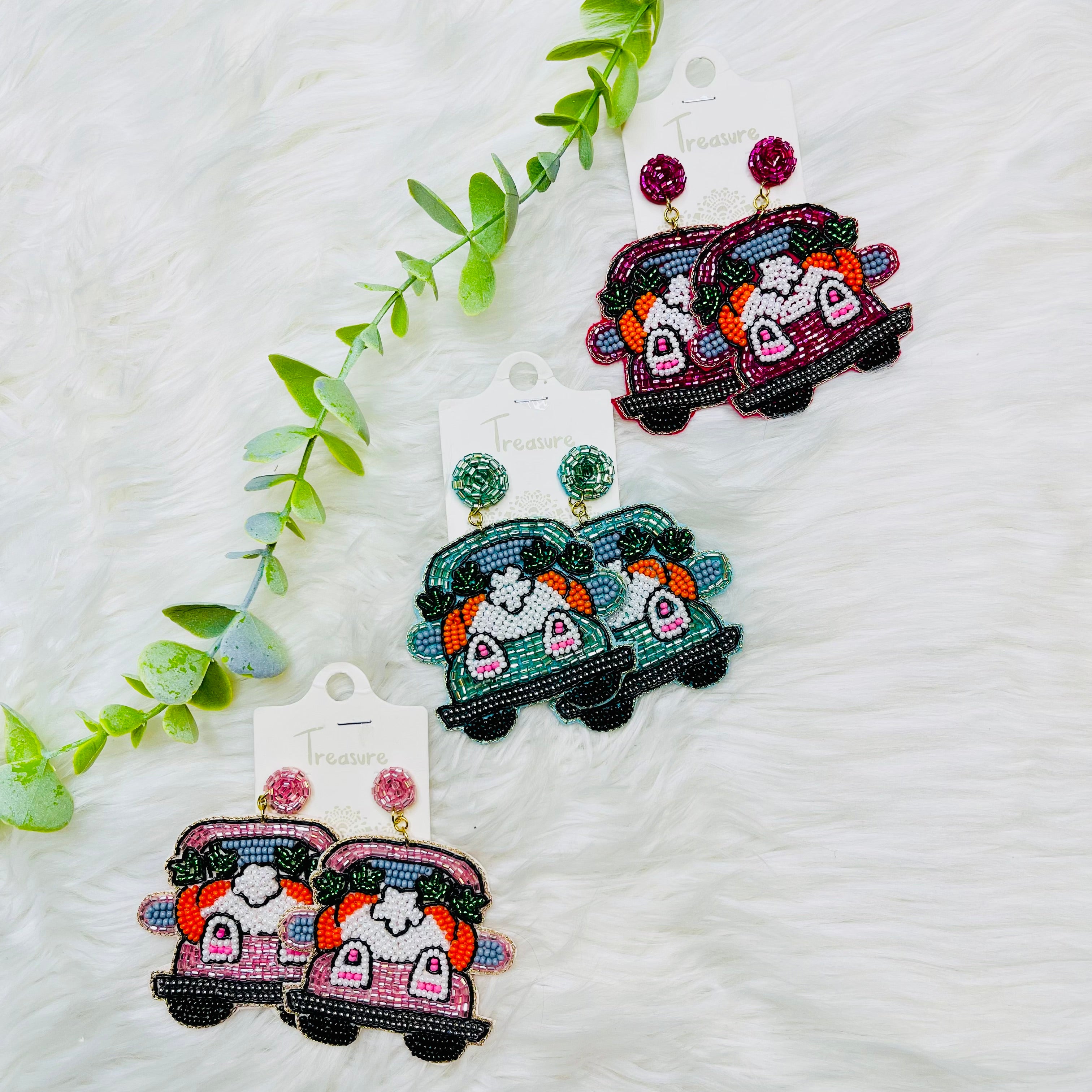 Easter Bunny Butt & Carrots Truck Seedbead Earrings- SALE