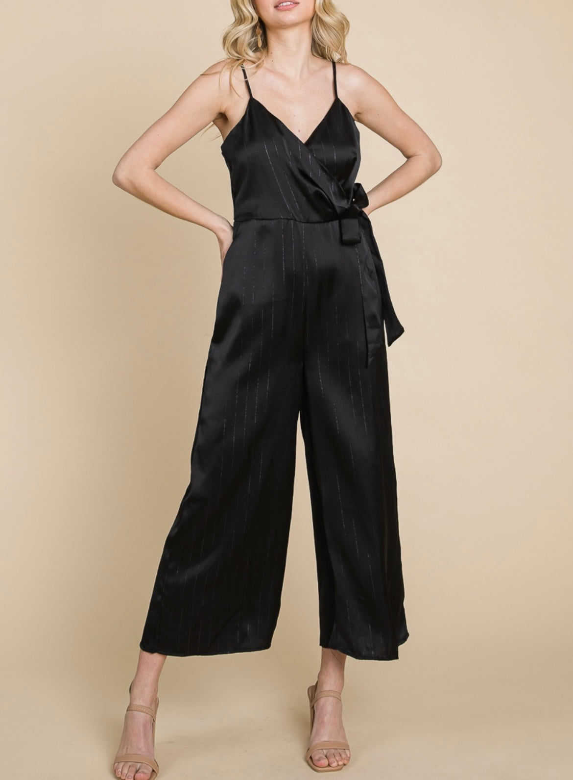 BLACK SATIN SHIMMER STRIPED JUMPSUIT- SMALL