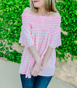 Pink Gingham Off Shoulder Button Blouse-PLUS