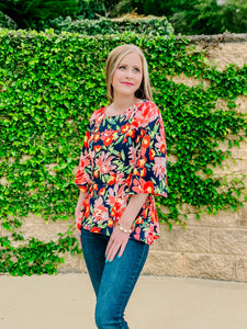 Navy Coral Floral Peplum Blouse