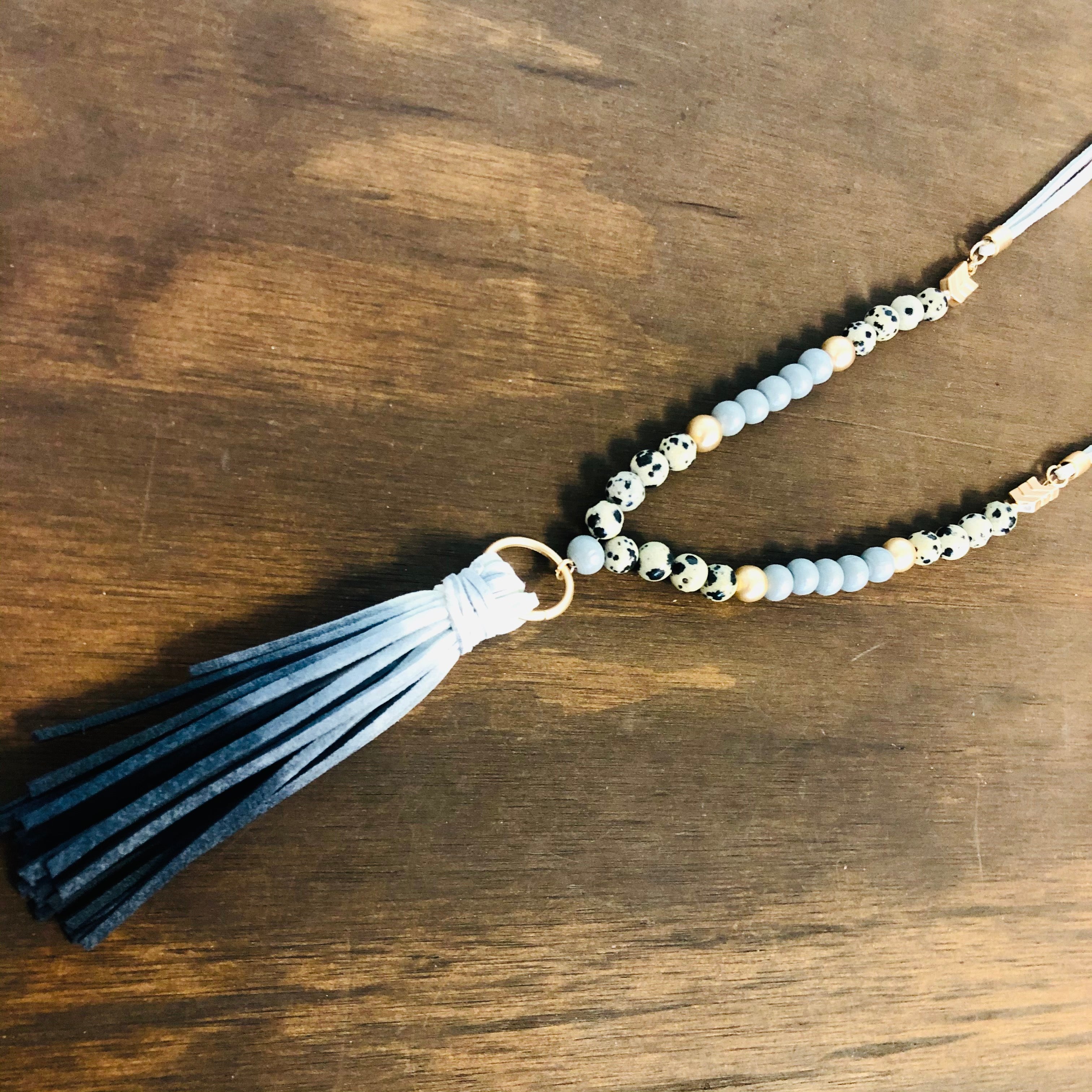 Wood Beaded Fabric Chain Tassel Necklace