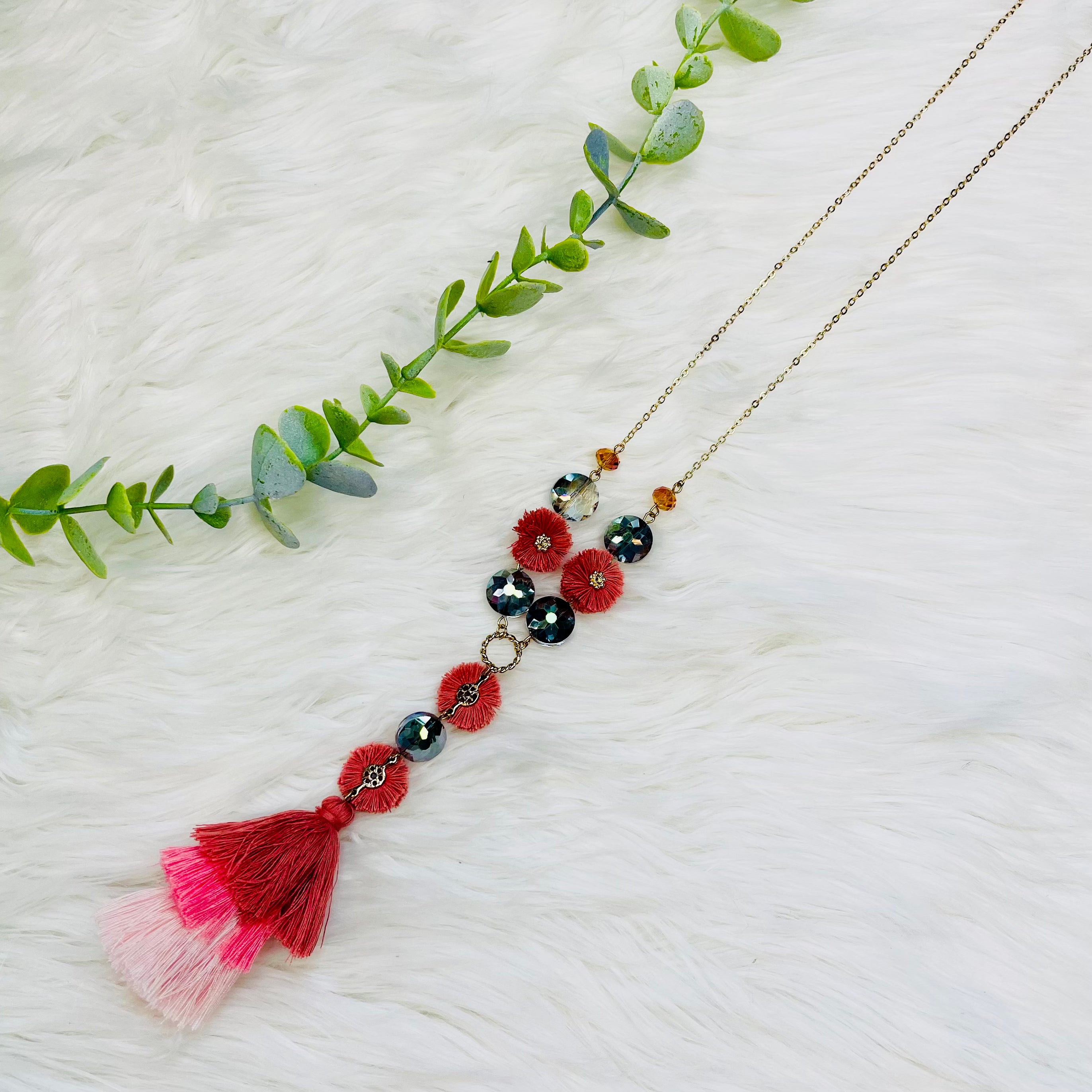 Flower Beaded Ombre Tassel Neckalce