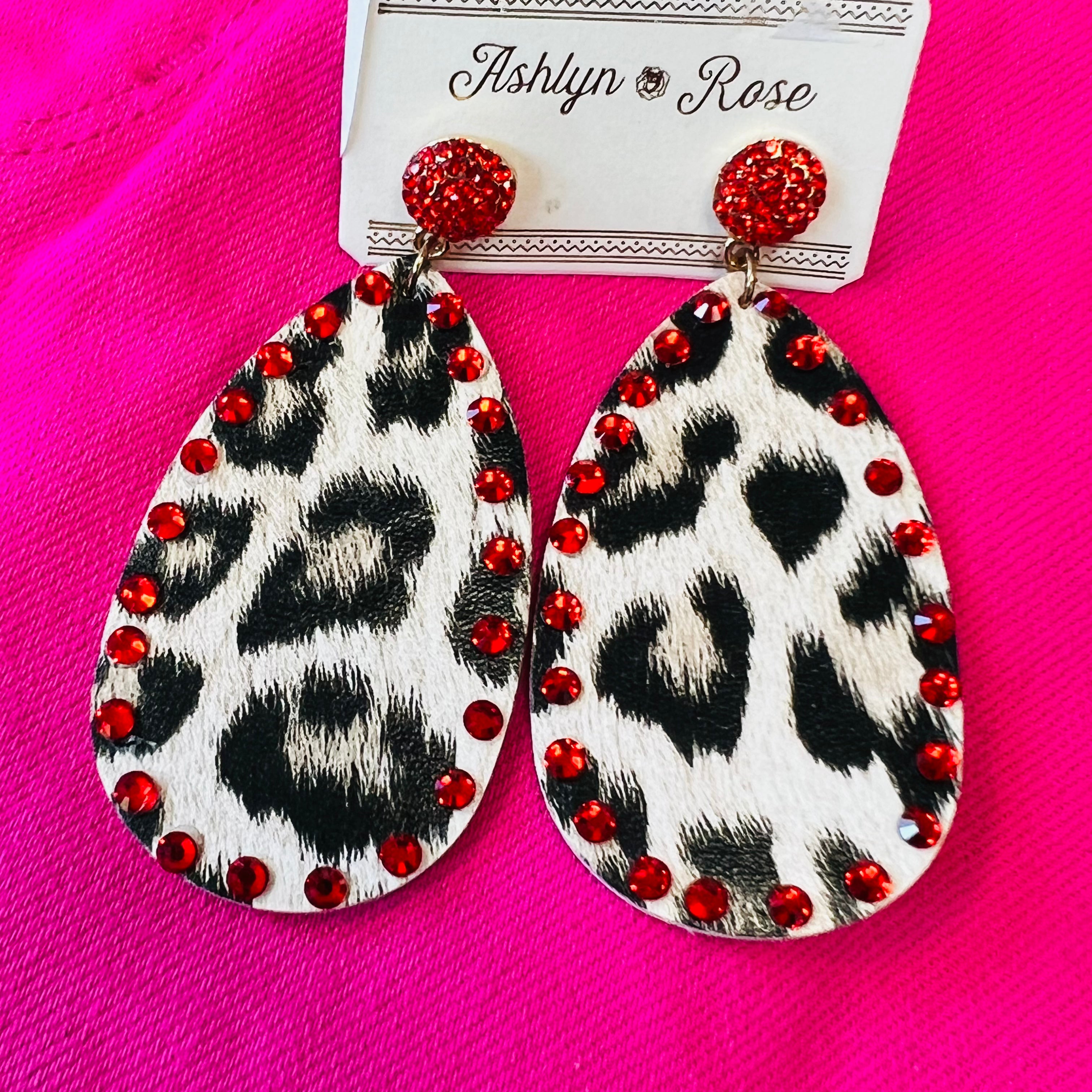 RED RHINESTONE LEOPARD TEARDROP EARRINGS