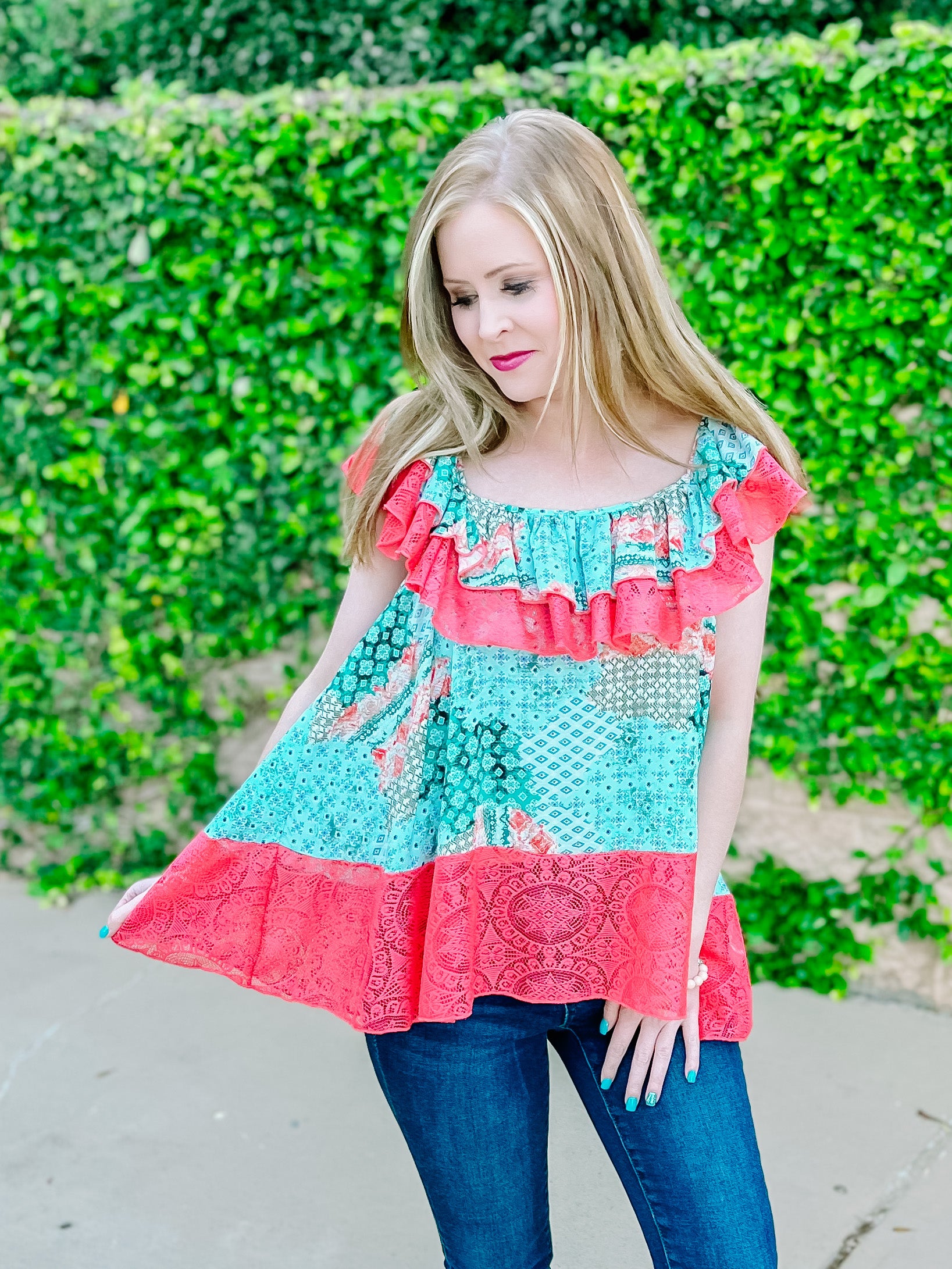 Teal Coral Ethnic Print Lace Ruffle Woven Top-PLUS