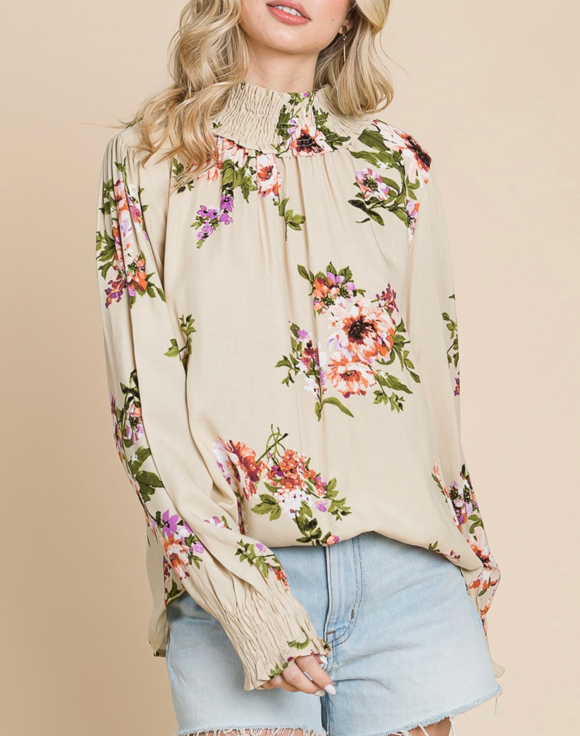 TAUPE KEYHOLE FLORAL LONGSLEEVE TOP