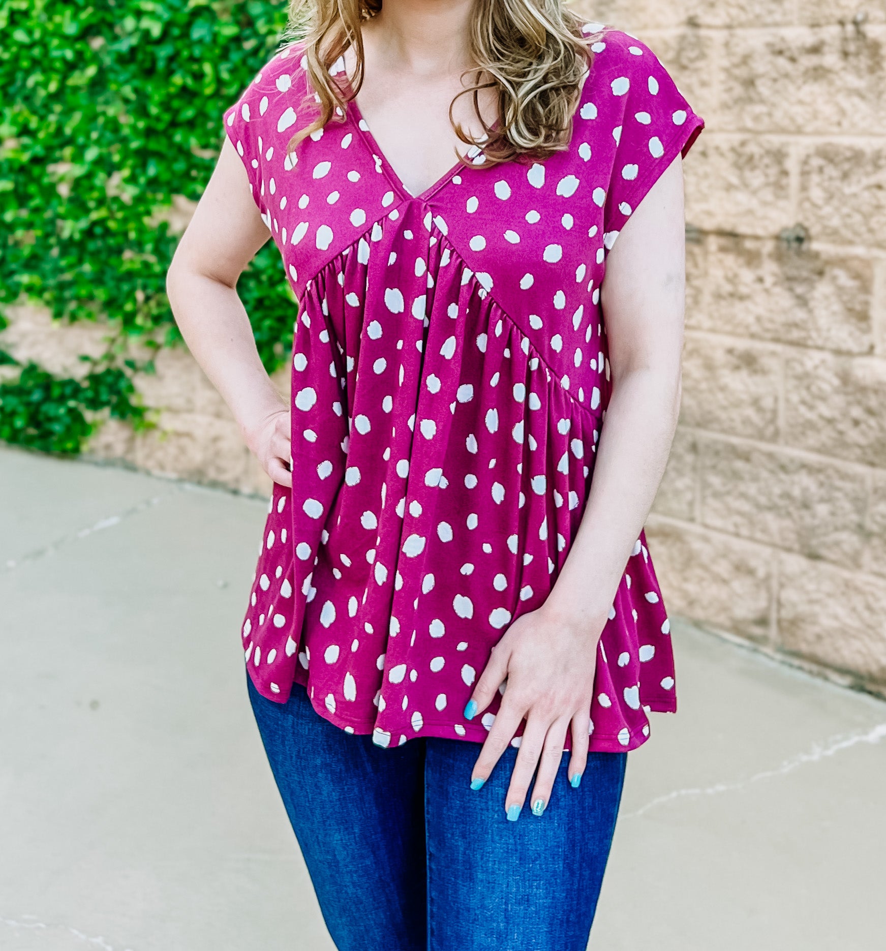 Berry Pink Animal Printed Flouncy Vneck Top