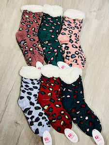 Leopard Fuzzy Non-Slip Grip Sherpa Lined LUXE Socks