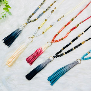 Wood Beaded Fabric Chain Tassel Necklace