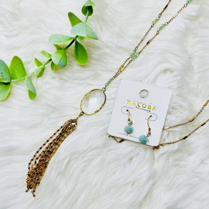 Mint Beaded Gold Delicate Tassel Necklace