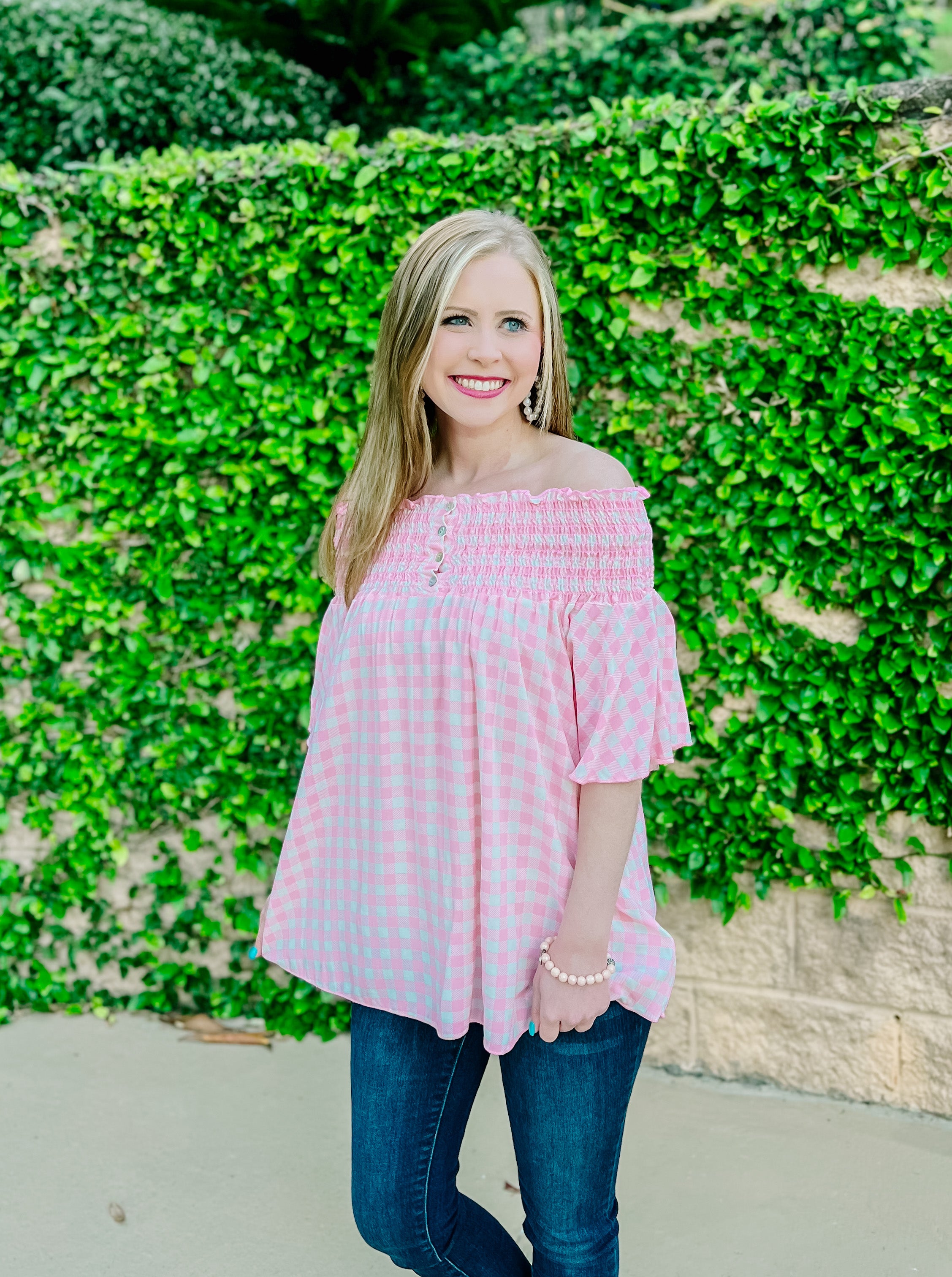 Pink Gingham Off Shoulder Button Blouse-PLUS