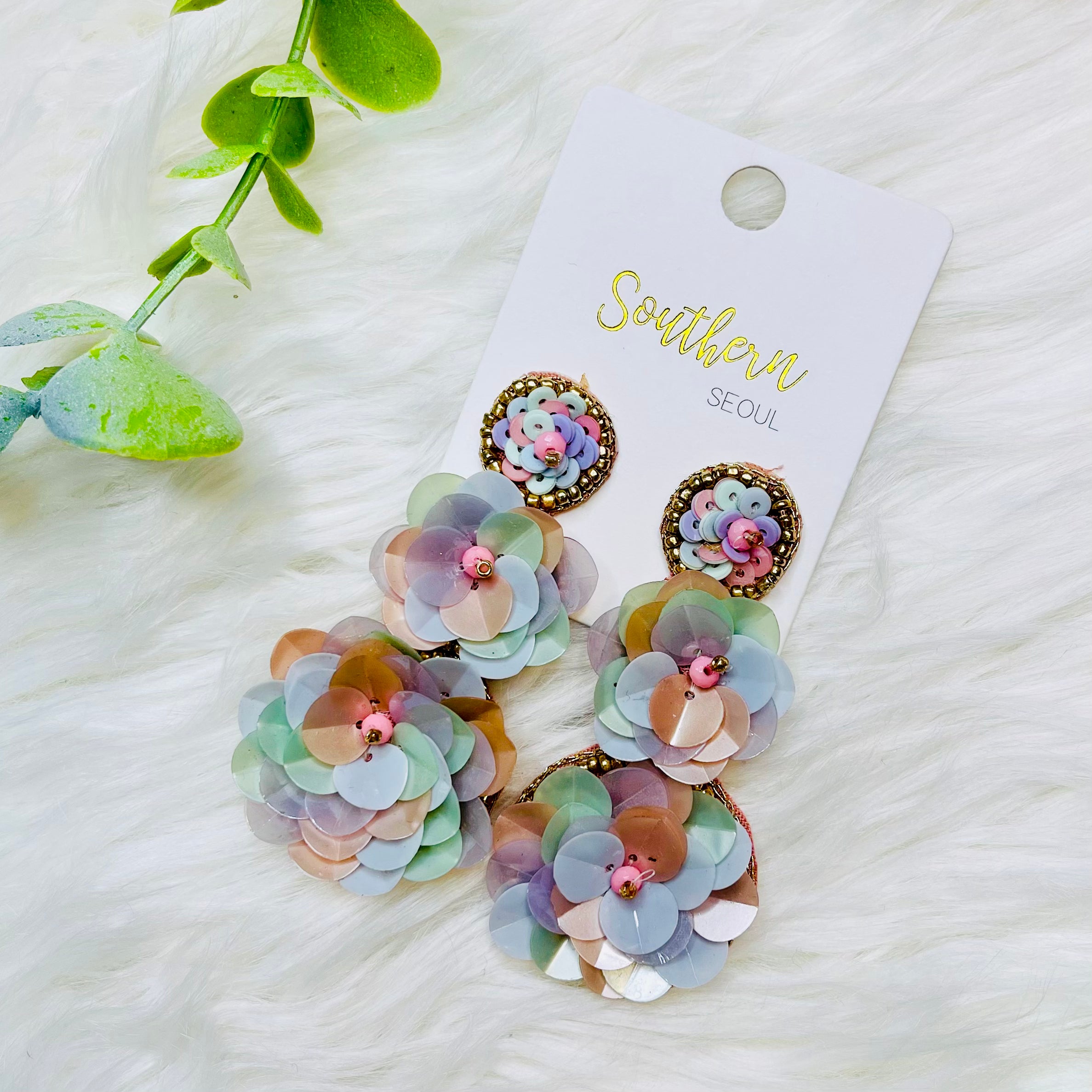 Pastel Flower Sequin Triple Drop Earrings