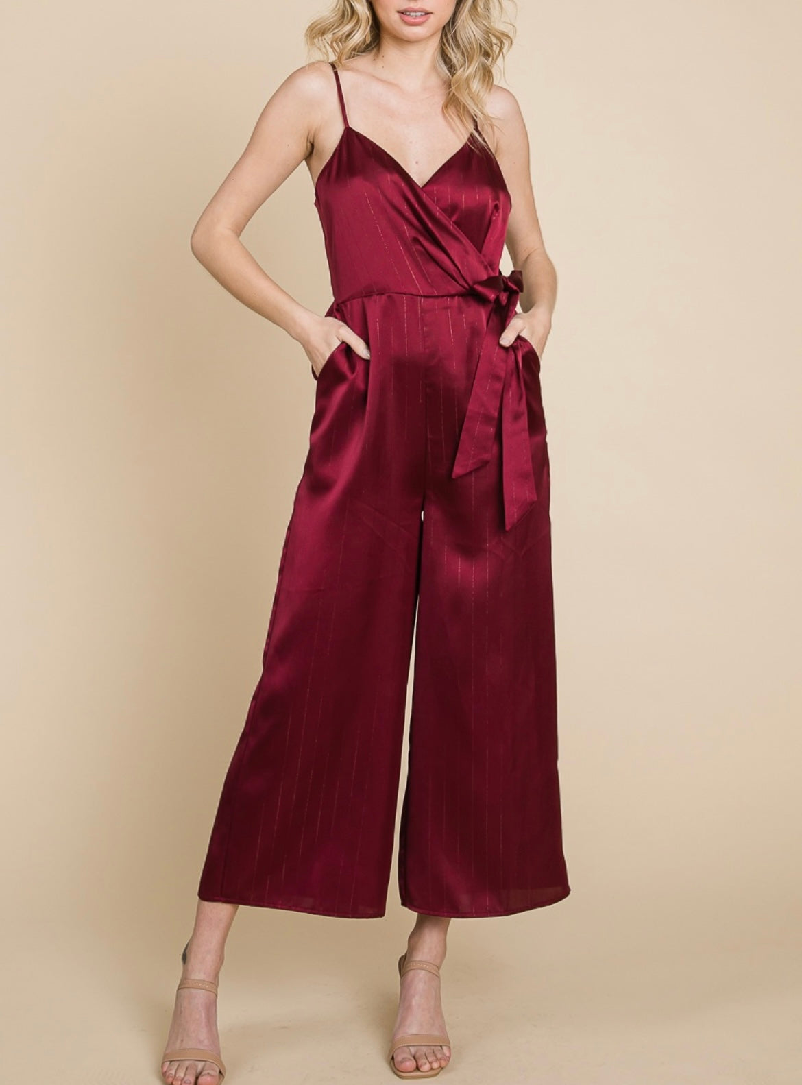 MAROON SATIN SHIMMER STRIPED JUMPSUIT