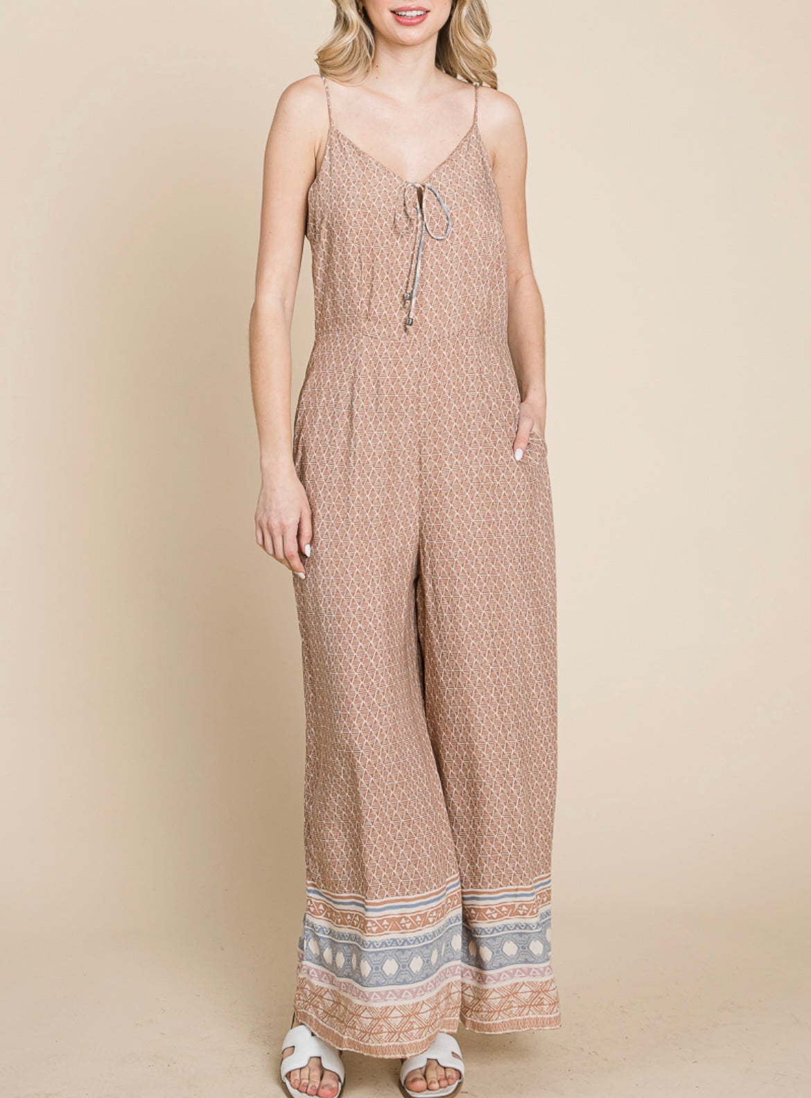 TAUPE PRINTED STRAPPY FLARE PANT JUMPSUIT