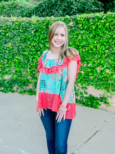 Teal Coral Ethnic Print Lace Ruffle Woven Top-PLUS