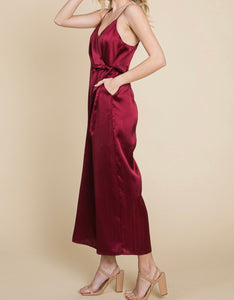 MAROON SATIN SHIMMER STRIPED JUMPSUIT