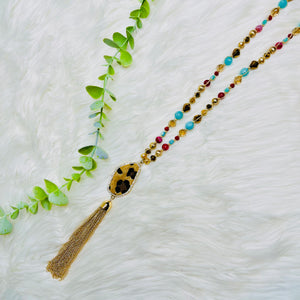 Leopard Teal Red Beaded Tassel Necklace