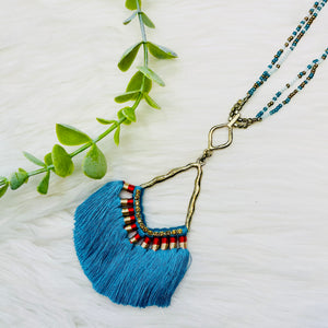 Aqua Seed Bead Tassel Fan Necklace