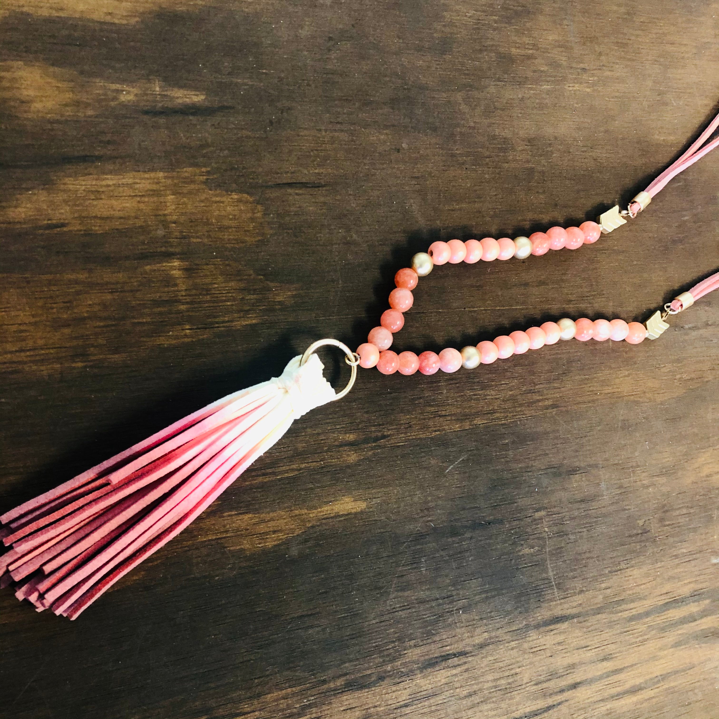 Wood Beaded Fabric Chain Tassel Necklace