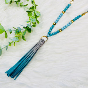 Wood Beaded Fabric Chain Tassel Necklace