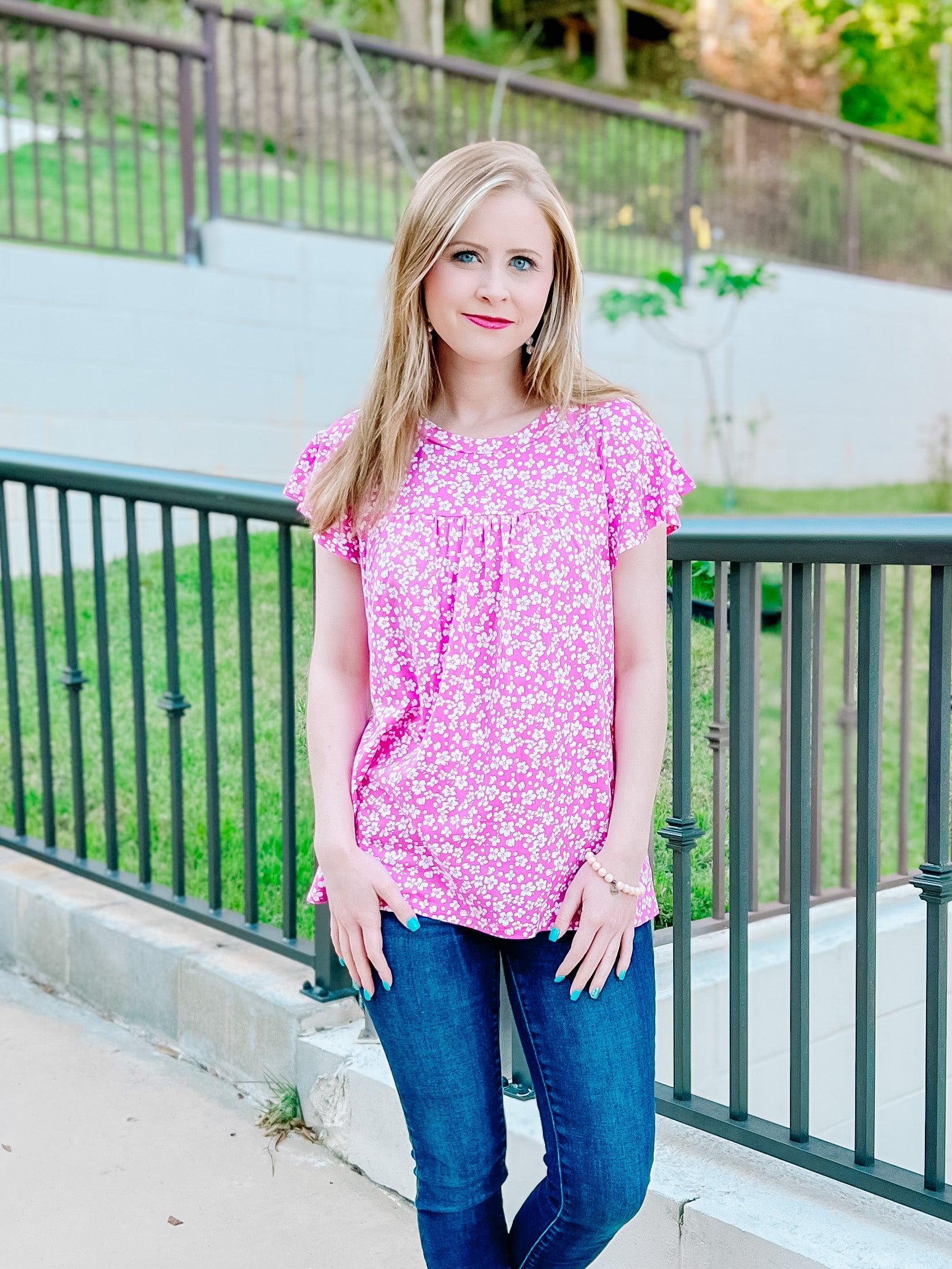 Fuchsia Floral Ruffle Short Sleeve Top- SALE