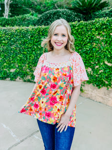 Peach Coral Yellow Mint Crochet Floral Abstract Blouse-PLUS
