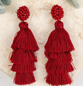 Red Seedbead Cluster Tassel Earrings