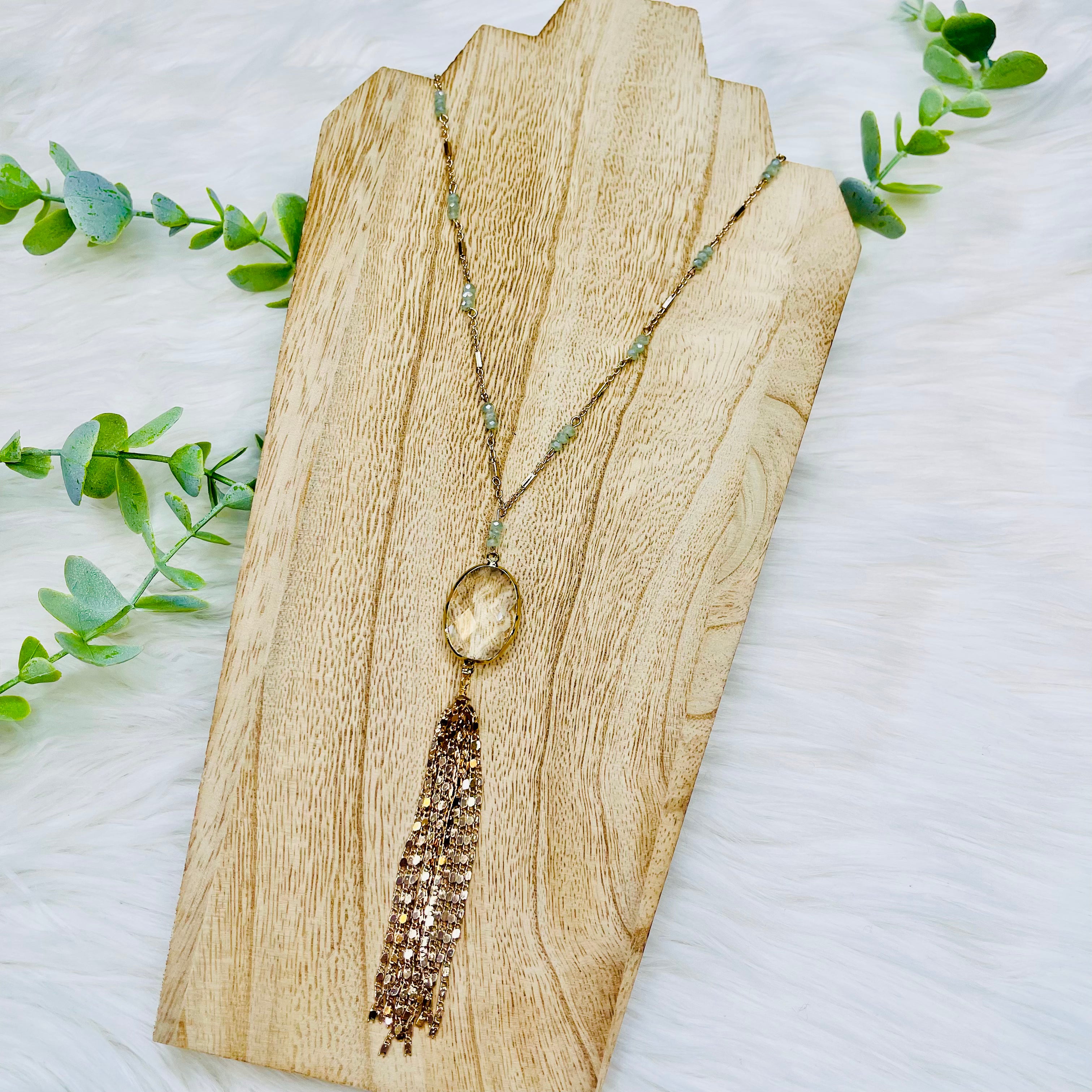 Mint Beaded Gold Delicate Tassel Necklace