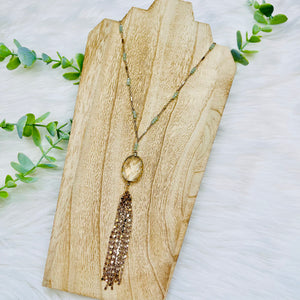 Mint Beaded Gold Delicate Tassel Necklace