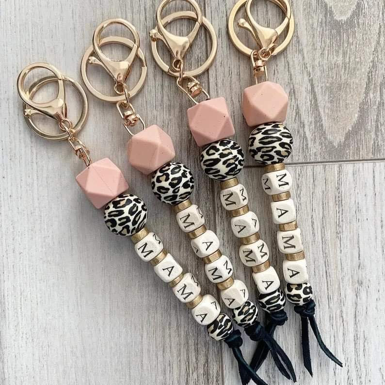 Leopard Beaded Pink MAMA Tassel Keychains