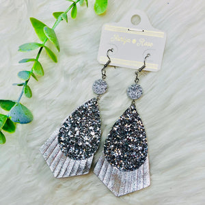 Silver Glitter Fringe Teardrop Druzy Earrings