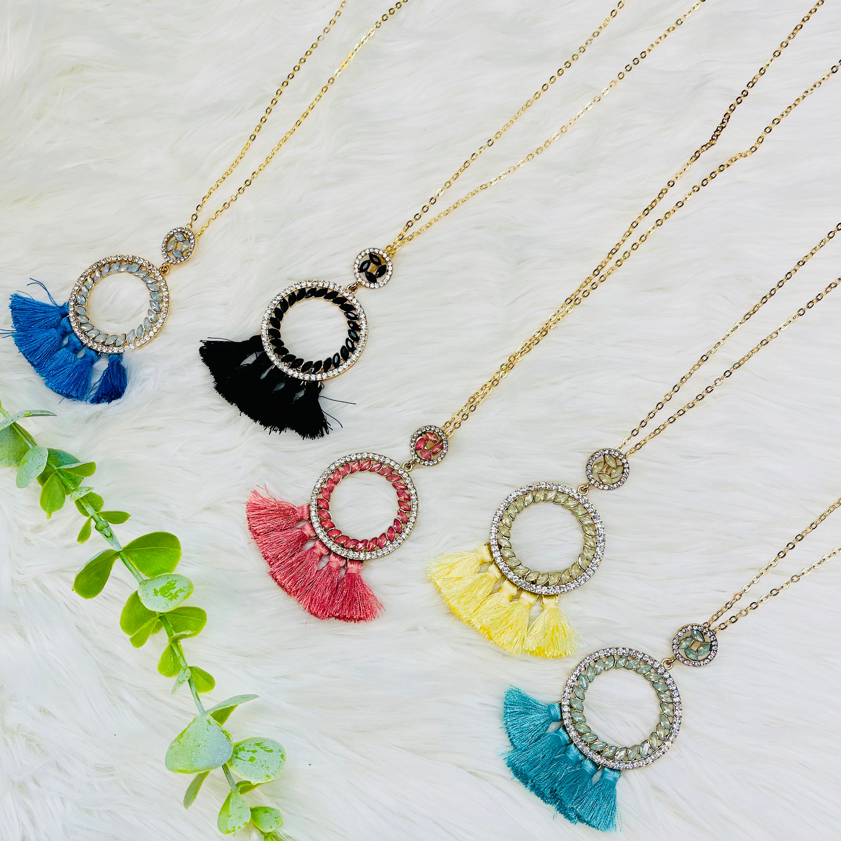 Rhinestone Bling Round Tassel Necklace