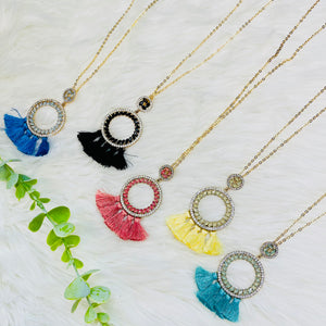 Rhinestone Bling Round Tassel Necklace