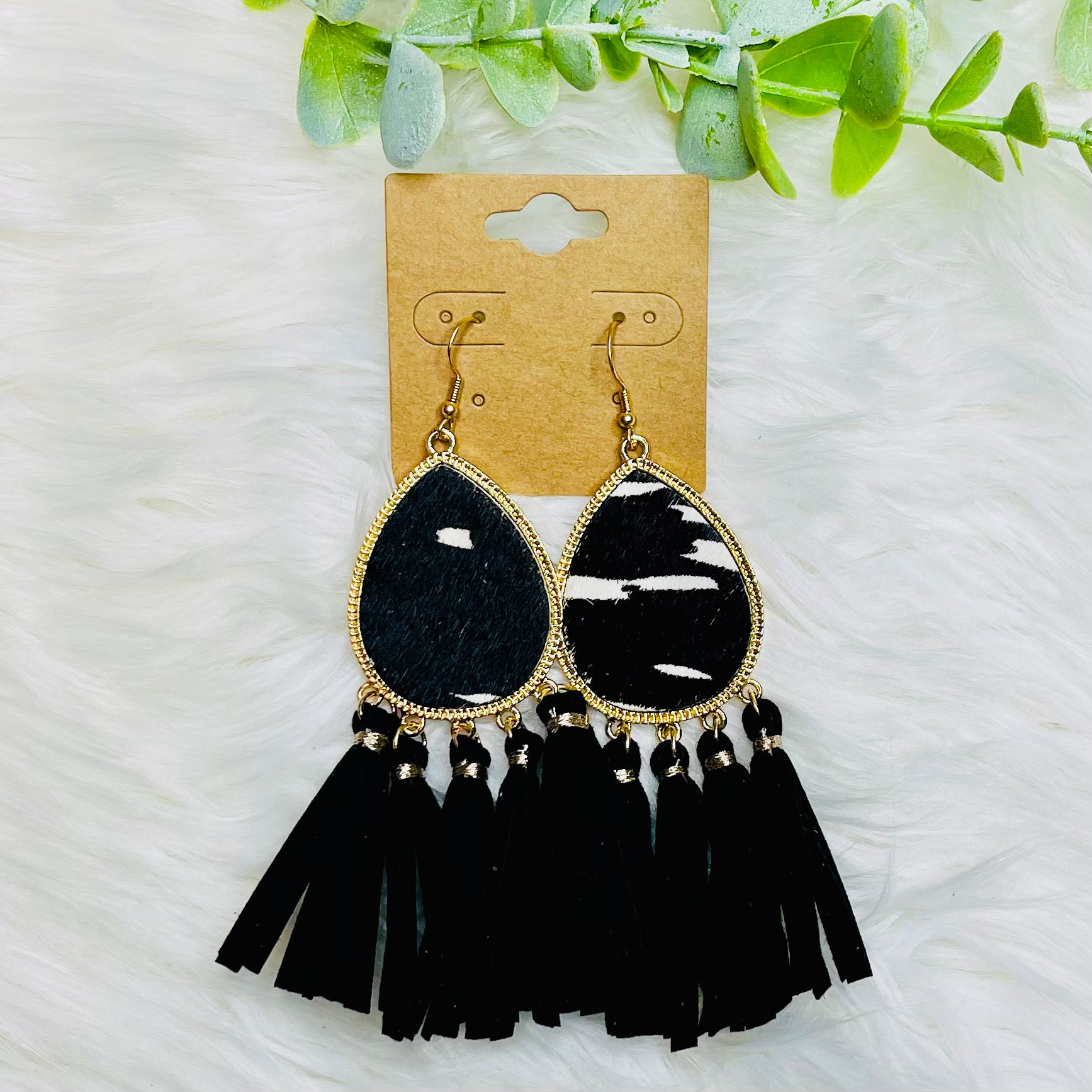 Black White Animal Tassel Earrings