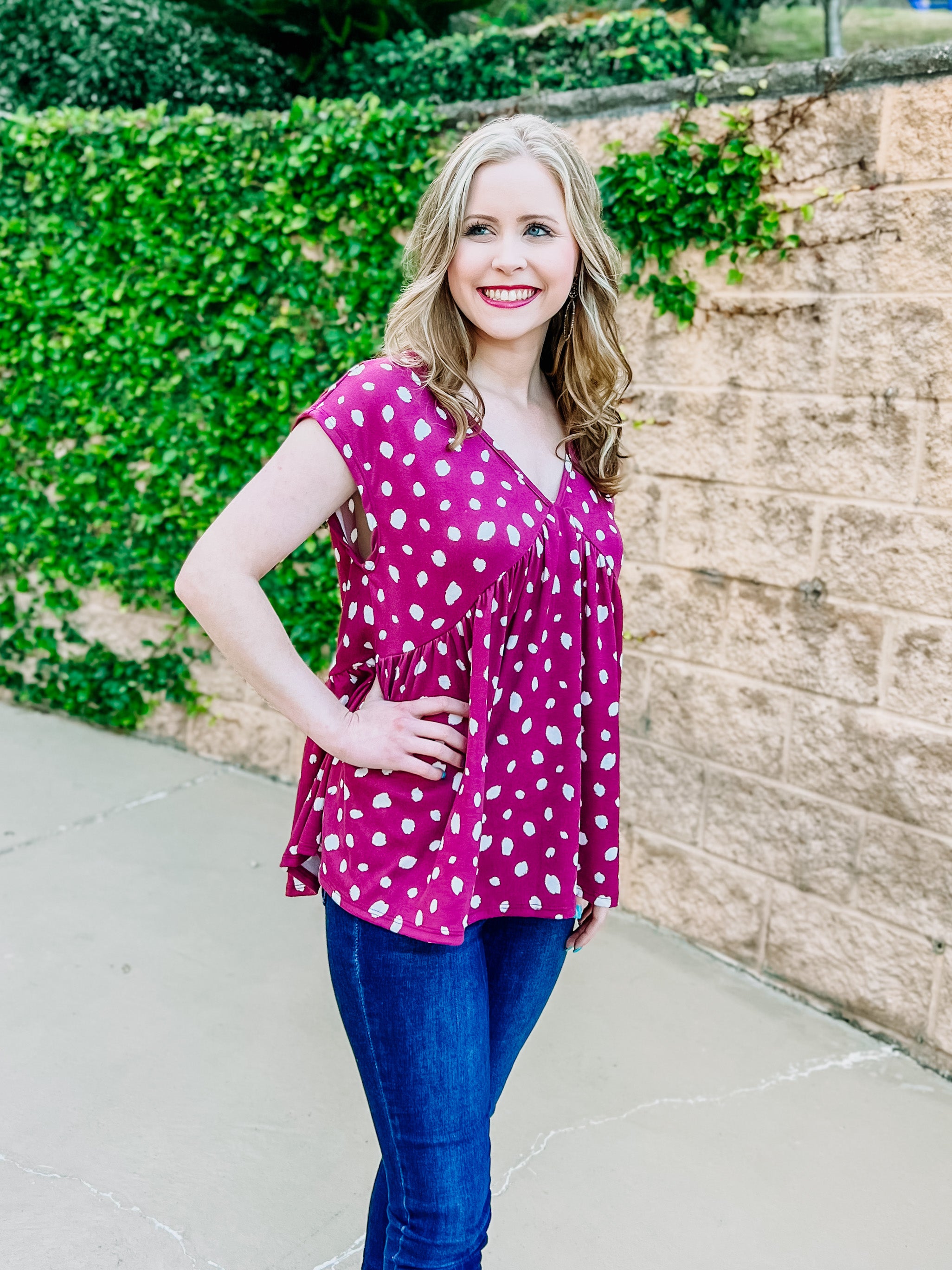 Berry Pink Animal Printed Flouncy Vneck Top