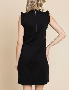 BLACK RUFFLE NECK SHIFT DRESS