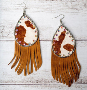 Cowhide Tan Fringe Earrings