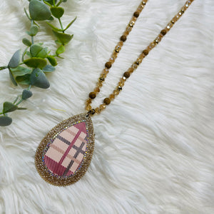 Cream Plaid Gold Multi Beaded Teardrop Necklace