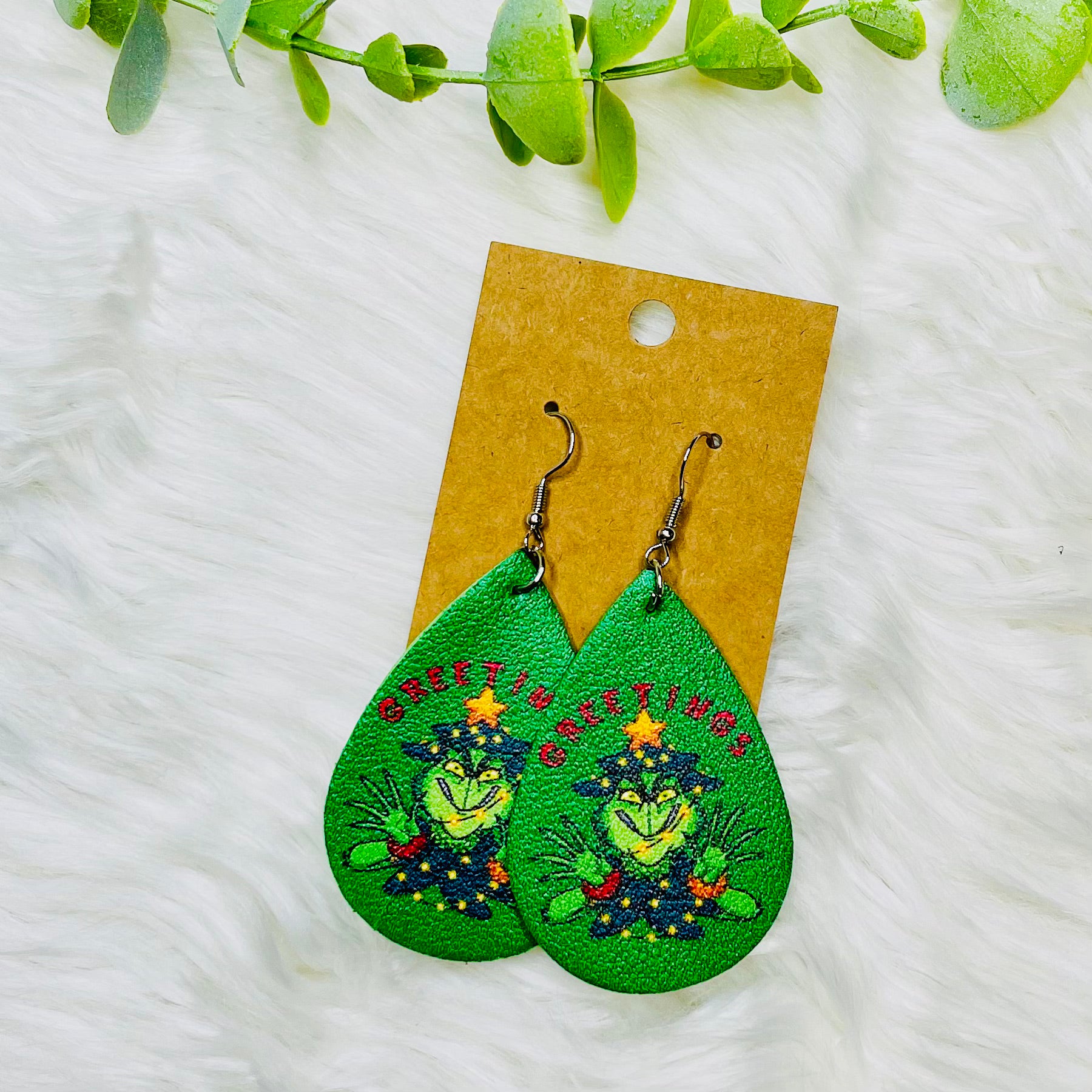 Grinch Faux Leather Teardrop Earrings