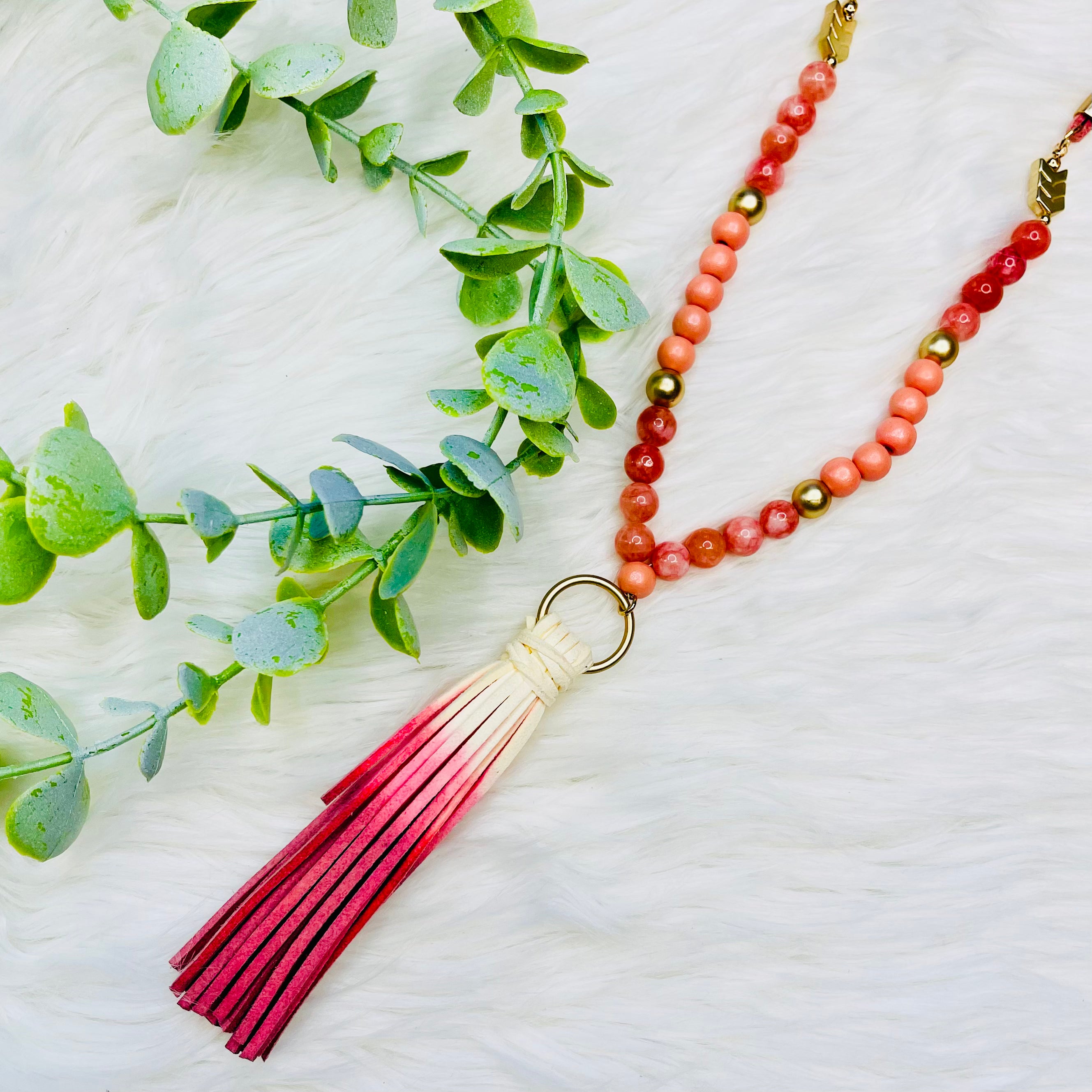 Wood Beaded Fabric Chain Tassel Necklace