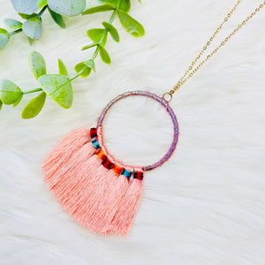 Fabric Wrapped Round Tassel Necklace