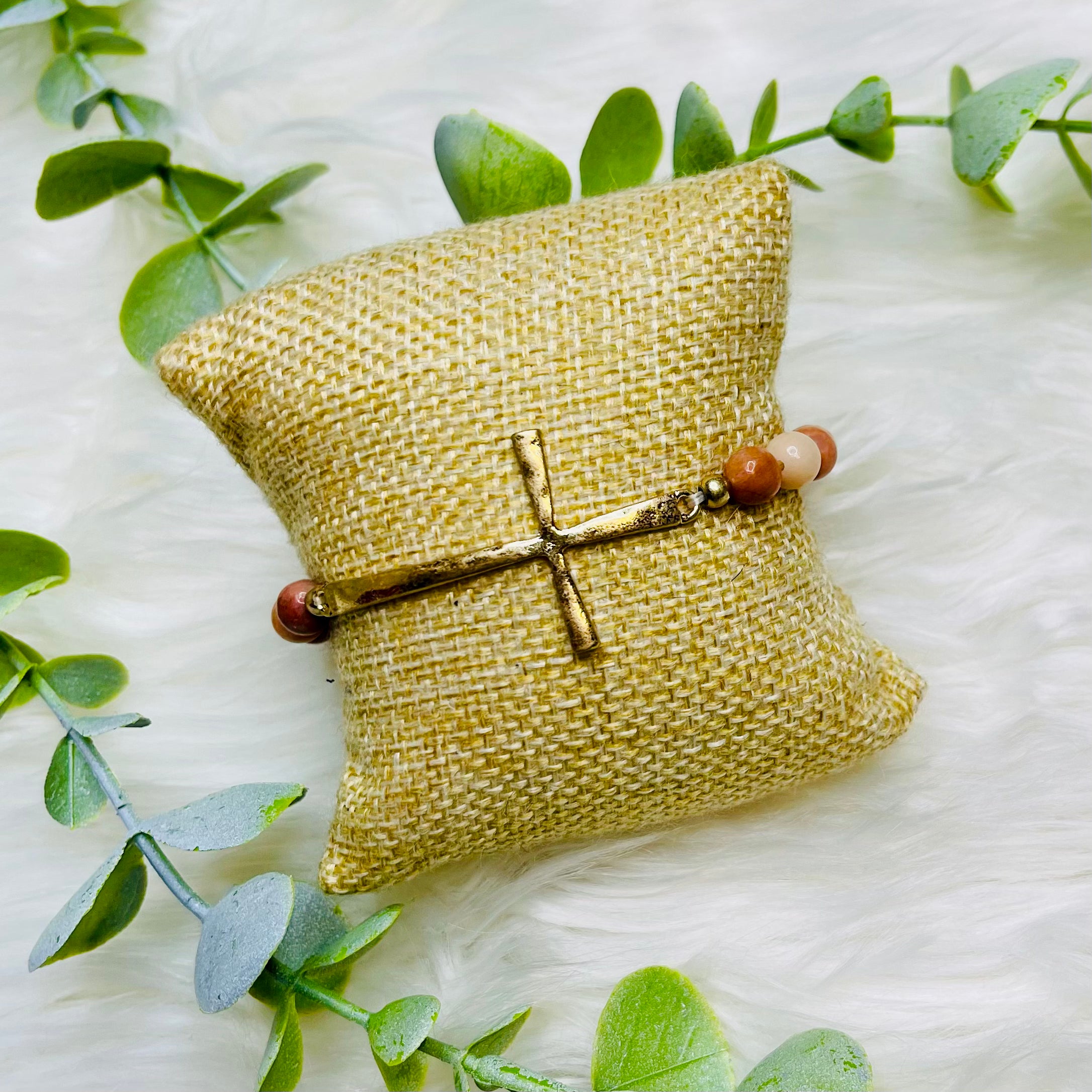 Dainty Hammered Cross Stone Beaded Bracelet