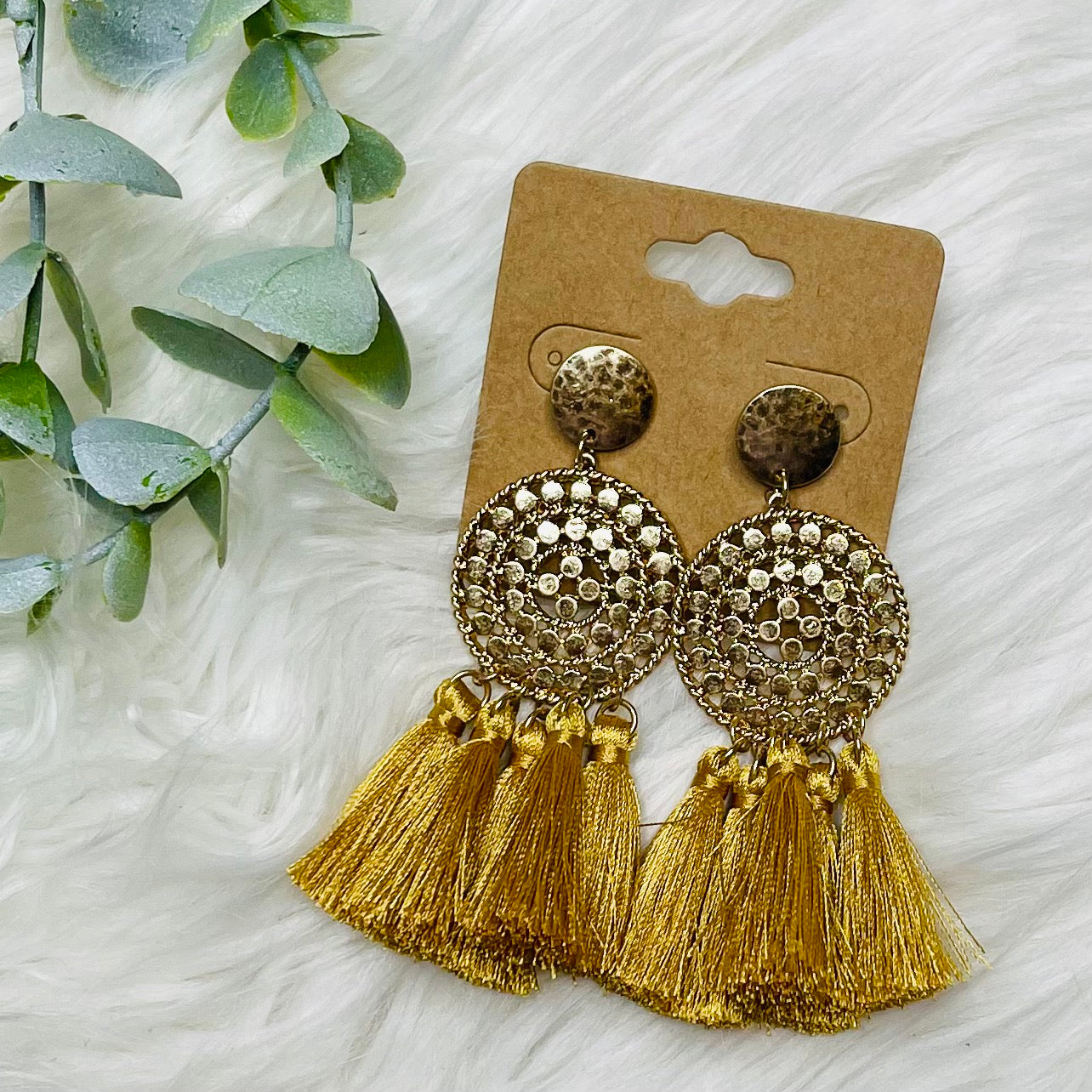 Swirly Gold Disc Tassel Earrings