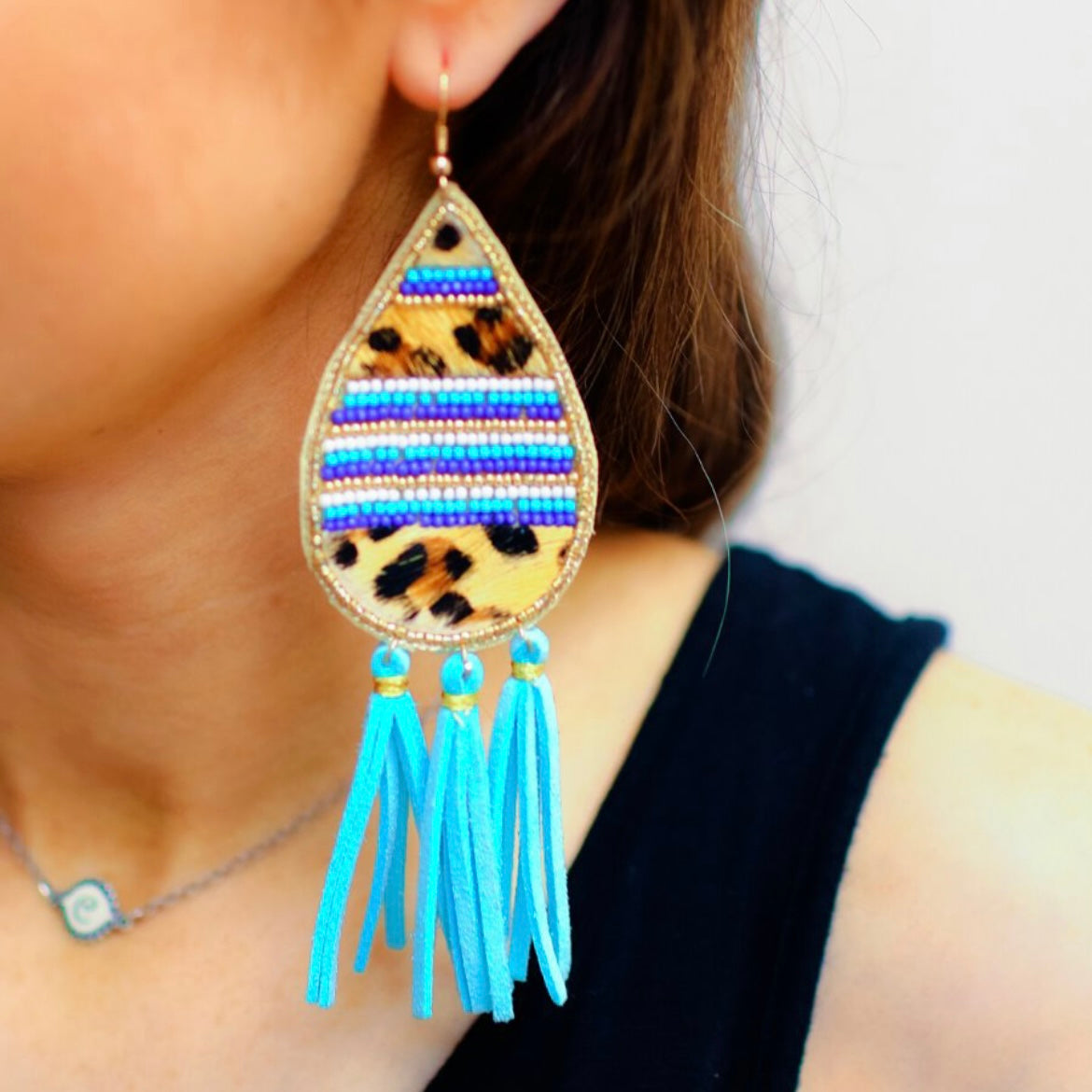 Ansley Teal Leopard Tassel Earrings