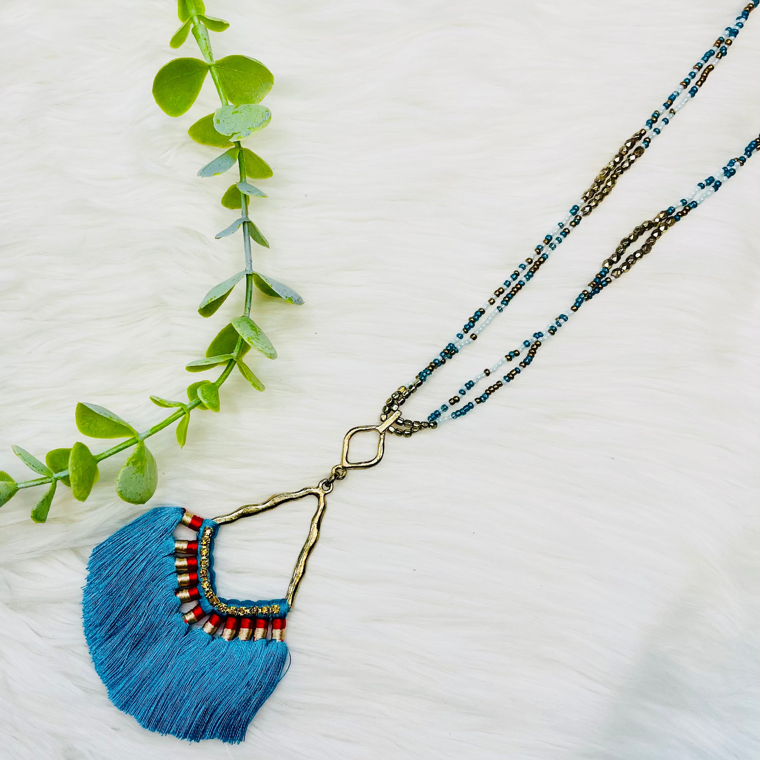 Aqua Seed Bead Tassel Fan Necklace