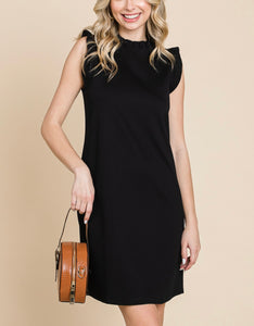 BLACK RUFFLE NECK SHIFT DRESS