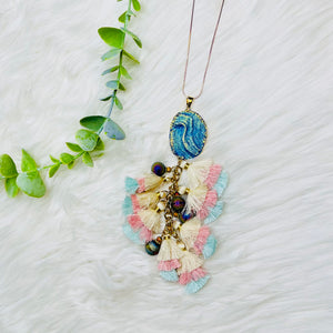 Teal Druzy Stone Pastel Tassel Necklace