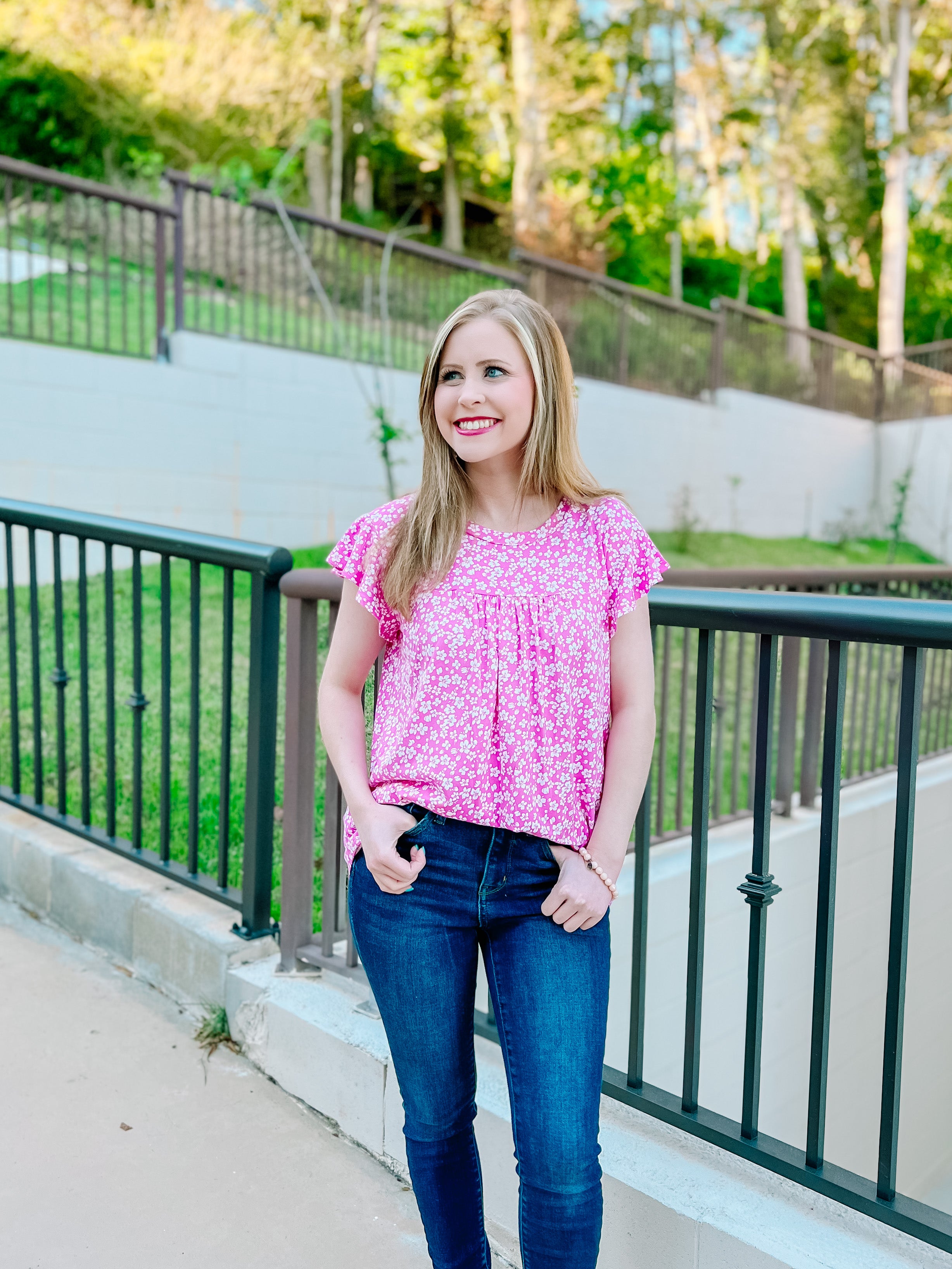 Fuchsia Floral Ruffle Short Sleeve Top- SALE