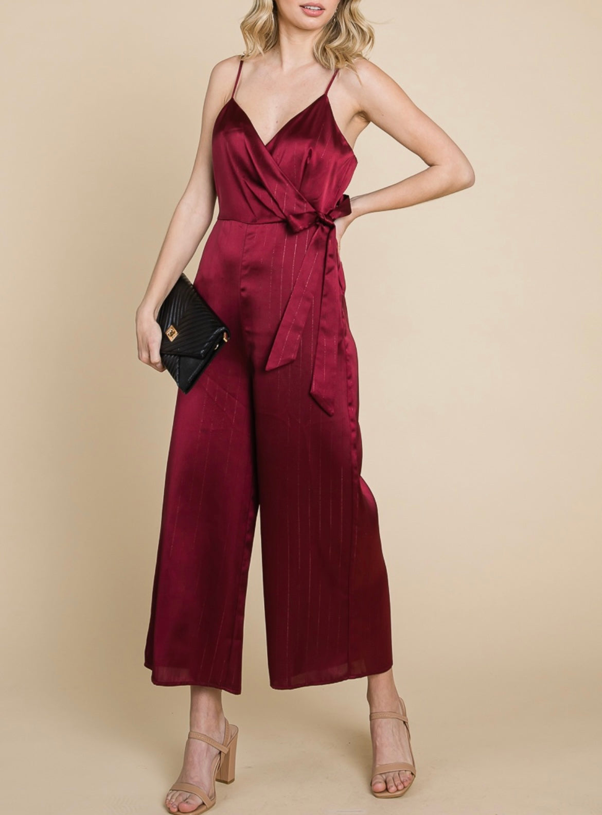 MAROON SATIN SHIMMER STRIPED JUMPSUIT