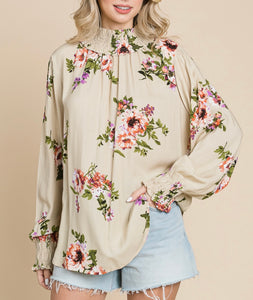 TAUPE KEYHOLE FLORAL LONGSLEEVE TOP